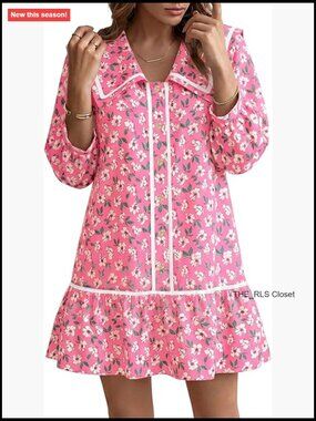 Casual Floral Button Down Babydoll Mini Dress with 3/4 Sleeves